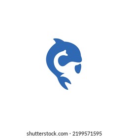 illustration of a dolphin in it there is an elephant. elephant and dolphin combination vector logo