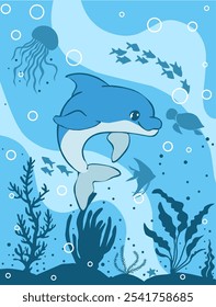 Ilustración de delfines en el océano azul con sombras de medusas de peces y tortugas y plantas marinas