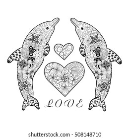 Illustration "Dolphins" was created in doodling style in black and white colors.  Painted image is isolated on white background.  It  can be used for coloring books for adult and other decorations.