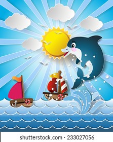 Illustration of the dolphins in sea on the sunlight.paper art style.