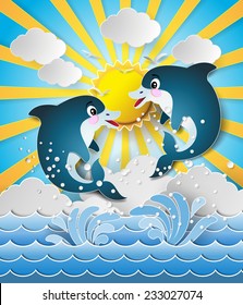 Illustration of the dolphins in sea on the sunset.paper art style.