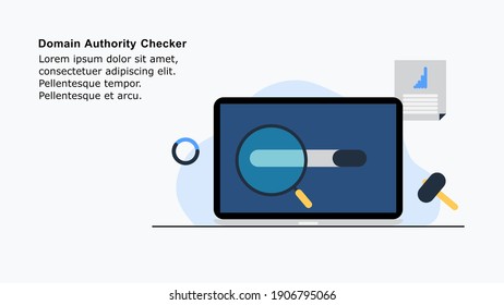 Illustration of domain authority checker tool, with a concept of checking the domain authority in a website with a laptop, can be used for a blog post, landing page banner, web home page and eBook.