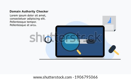 Illustration of domain authority checker tool, with a concept of checking the domain authority in a website with a laptop, can be used for a blog post, landing page banner, web home page and eBook.