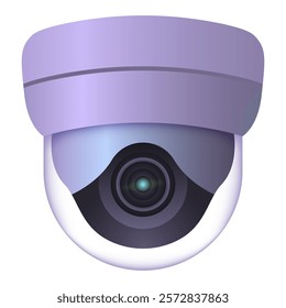 Illustration of a dome security camera with a lens and purple casing isolated on a white background. Modern surveillance and safety concept