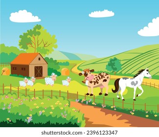 Illustration with domestic animals barnyard cow horse sheep haystacks green meadow Vector