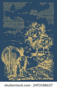 Illustration of domestic animals. Cow with calf. Line sketch converted to vector drawing.
