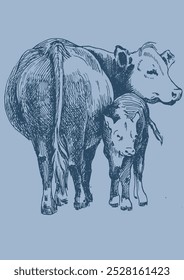Illustration of domestic animals. Cow with calf. Line sketch converted to vector drawing.
