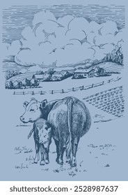 Illustration of domestic animals. Cow with calf. Line sketch converted to vector drawing.
