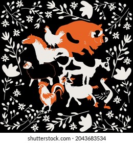 illustration with domestic animals and flowers frame, vector design for paper, fabric and other surface 