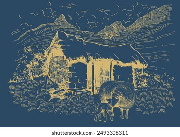 Illustration of domestic animals. Sheep with lamb. Line sketch converted to vector drawing.
