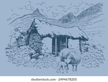 Illustration of domestic animals. Sheep with lamb. Line sketch converted to vector drawing.