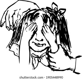 illustration of domestic violence against children. The girl is crying. This girl is suffering. Black and white sketch 