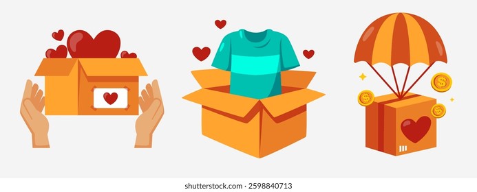 Illustration of donation boxes featuring hearts, clothing and parachute delivery, depicting charitable actions and voluntary support.