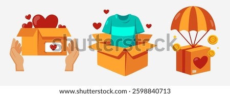 Illustration of donation boxes featuring hearts, clothing and parachute delivery, depicting charitable actions and voluntary support.