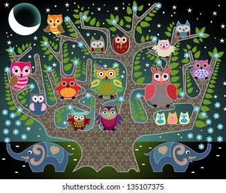 An Illustration Done In The Style Of A Childrens Book: Elephants And Owls