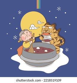 It is an illustration of 'Dongji'. Dongji is the day to celebrate the shortest day and longest night in Korea. On this day, it is a day to share food made with 'red beans'.