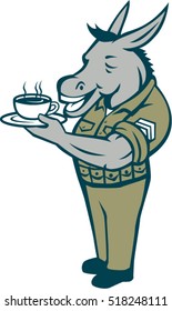 Illustration of a donkey army sergeant smiling standing holding cup and saucer drinking coffee viewed from the side set inside circle with stars done in cartoon style. 