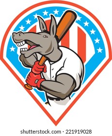 Illustration of a donkey baseball player holding bat on shoulder batting set inside diamond with american stars and stripes in the background done in cartoon style. 