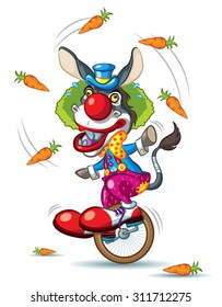 Illustration of Donkey Clown riding little unicycle