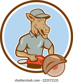 Illustration of a donkey construction worker with concrete saw concsaw set inside circle set on isolated background done in cartoon style.