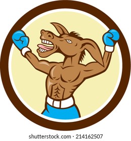 Illustration of a donkey mascot boxer celebrating hands up victory set inside circle on isolated background done in cartoon style.