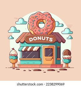 illustration of donut bakery store logo cartoon doughnut icon or label and cafe menu in vector flat color style