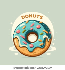 illustration of donut bakery store logo cartoon doughnut icon or label and cafe menu in vector flat color style