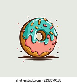 illustration of donut bakery store logo cartoon doughnut icon or label and cafe menu in vector flat color style