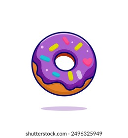 "Illustration eines Donut Cartoon Icons" ist ein Bild eines süßen Donuts mit hellen Farben und süßen Sprinkles. Diese Symbole sind eingängig, fröhlich und perfekt für Produkt-, App- oder Social-Media-Aktionen.