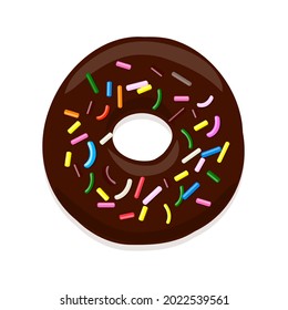  illustration of a donut in chocolate glaze with multi-colored pastry topping isolated on a white background.