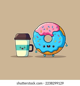 illustration of donut and coffee shop bakery store logo cartoon doughnut icon or label in vector flat color style