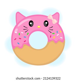 Illustration of a donut in the form of a cute cat, kawaii, in Japanese flat style, print for textiles, t-shirt, gift wrapping Vector illustration