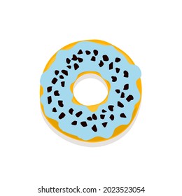 Illustration of a donut in light blue glaze with chocolate pastry topping isolated on a white background
