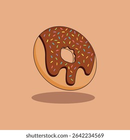 Uma ilustração de uma rosquinha com esmalte de chocolate derretido coberto com polvilhos coloridos. A rosquinha parece estar flutuando sobre uma sombra oval em um fundo bege pálido