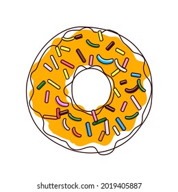  Illustration of a donut with multi-colored pastry topping isolated on a white background.