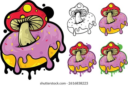 Illustration of a donut and a mushroom cartoon, graffiti, vector, eps 10, editable.