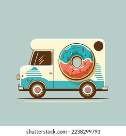 illustration of donut truck bakery store logo cartoon doughnut icon or label and cafe menu in vector flat color style