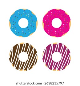 Illustration of donuts with colorful sprinkles and chocolate cream, flat cartoon vector