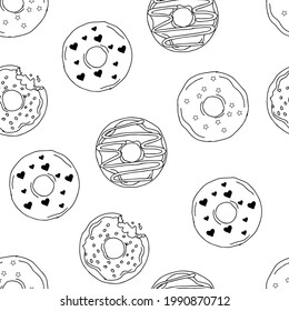 Ilustración de donuts sin fisuras dibujados a mano. conjunto de donuts vectoriales para su diseño. doodle aislado en fondo blanco