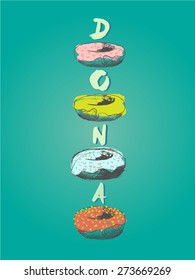 Illustration of donuts in Spanish language in various taste and glaze in pastel color, poster design