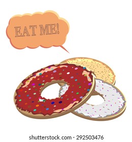 Illustration of donuts and speech bubble with text Eat me. Isometric biscuits and isometric speech bubble isolated on white. 