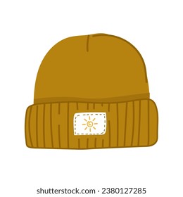 An illustration of a doodle beanie hat with a fun badge. Cute winter headwear.