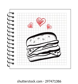 Illustration of doodle burger on notepad paper