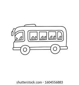 Illustration of doodle bus. Hand drawn cartoon doodle style. Brush strokes simple bus graphic design. Vector illustration, isolated.