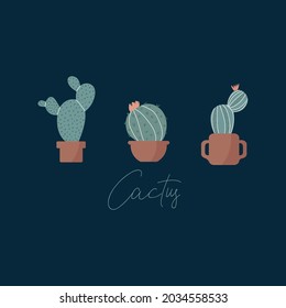 An illustration with doodle cacti. Botany with potted plants. Beautiful fashion print for fashion design. Vector illustration