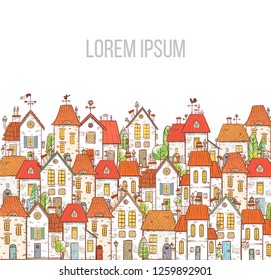 Illustration with doodle cartoon colored houses on white background