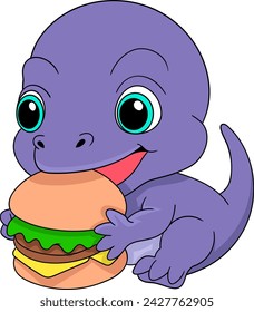 illustration of a doodle cartoon sticker with a food logo, a purple dinosaur carrying a burger to be eaten, creative drawing 