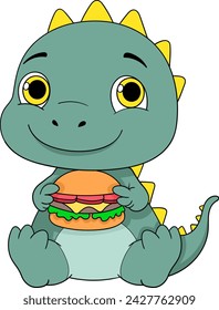illustration of doodle cartoon sticker food logo, a dinosaur is sitting carrying a delicious burger to be served, creative drawing 