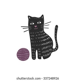 Illustration with doodle cat and yarn ball isolated on white background