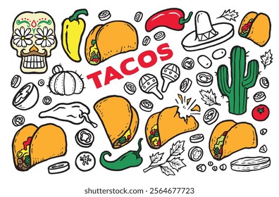 Illustration doodle chili cheeze tacos vector